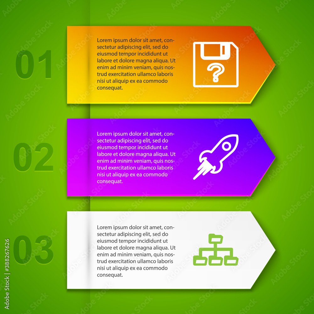 Poster set line unknown document, rocket ship with fire, folder tree and . business infographic template. v