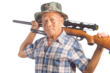 Portrait of an elderly Asian man carrying a sport air rifle with a telescopic on the back while...