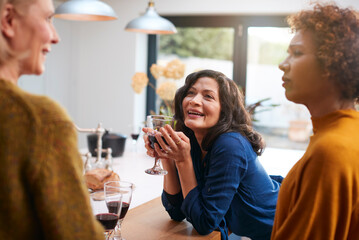 Group Of Mature Female Friends Meeting At Home To Talk And Drink Wine Together