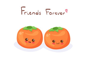 Cute stock vector illustration with Persimmon Fruits. Kawaii happy smiling fruit characters isolated on white with lettering. Funny healthy food doodle. Use for t-shirt print, kids menu design, card.