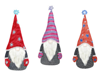 Christmas illustration of gnomes. Cute scandinavian new year gnomes.