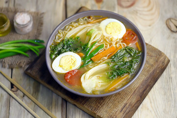 Appetizing Chinese noodle soup with bok choi cabbage. Chinese cuisine.