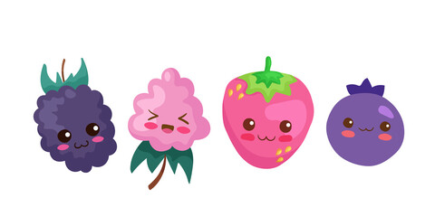 Cute stock vector illustration with Mix Berries. Kawaii happy smiling berry characters isolated on white with lettering. Food doodle for card, print. Blackberry, Raspberry, Strawberry & Blueberry. © Sergey Pekar