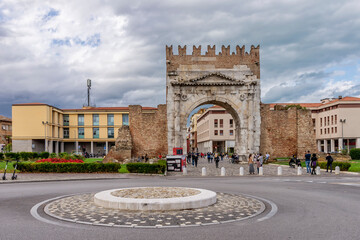 The ancient Arch of Augustus in the historic center of Rimini, Italy
