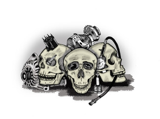 Skulls and Mechanical Parts Illustration Art in Ink