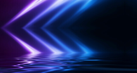 Abstract dark futuristic background. Ultraviolet neon light rays are reflected off the water. Background of empty stage show, beach party. 3d illustration