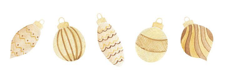 Collection of watercolor Christmas toys for the Christmas tree. Golden tones. Holiday, new year, birth. For design.