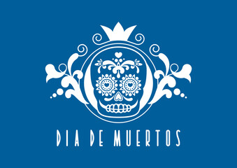 Dia de Muertos Poster with decorative sugar skull vector. Day of the Dead Poster vector. Mexican decorative skull with floral blue white ornament icon vector. Sugar skull icon. Mexican holiday