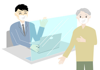 窓口で相談するマスクをした高齢男性のイラスト
