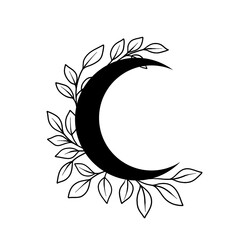 Floral moon vector frame. Tatoo doodle wreath. Boho celestial frame. Vector illustration © IRYNA