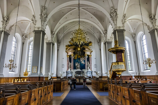Interior of Copenhagen Church of Our Saviour (Vor Frelsers Kirke, 1752). Baroque Our Saviour's is one of Denmark's most famous churches. COPENHAGEN, DENMARK. June 21, 2017.