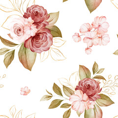 Floral seamless pattern of brown and peach watercolor roses and wild flowers arrangements on white background for fashion, print, textile, fabric, and card background.