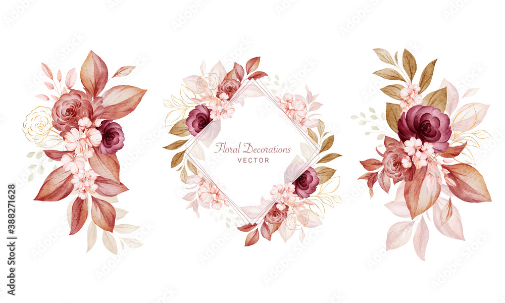 Wall mural set of watercolor floral arrangements of brown and burgundy roses and leaves. botanic decoration ill