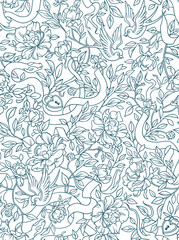 Flowers, birds and snakes. Seamless pattern, swallows, blooming flowers, floral border, holiday invitation templates