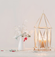 Christmas decorations on background white wall