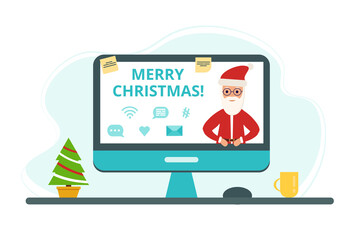 Workplace decorated for Christmas with a monitor, tree and cup. Santa Claus wishes you Merry Christmas. Vector illustration in flat style