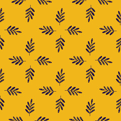 Abstract seamless doodle pattern with contrast navy blue foliage branches. Yellow bright background.