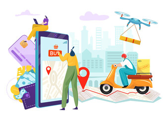 Shop delivery courier service, online cartoon smartphone app vector illustration. Fast order shipping at map, transport express advertising banner. Deliver package transportation at map.