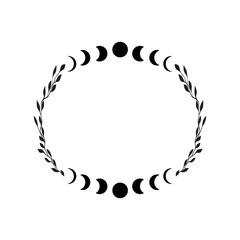 Boho celestial frame. Floral moon vector frame. Tatoo doodle wreath. . Vector illustration