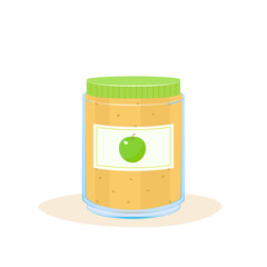 Glass jar of puree green apple isolated on white. Vector illustration of natural baby