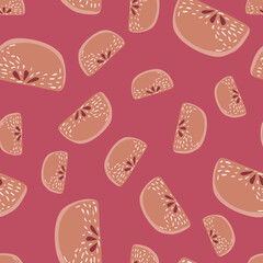Random doodle apple slices silhouettes seamless pattern. Summer fruit print with pink background.