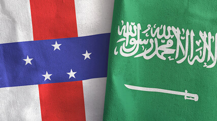 Saudi Arabia and Netherlands Antilles two flags textile cloth 3D rendering