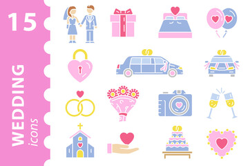 Wedding icons in color. Vector illustration in a flat style.