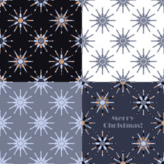 Set of 4 designs. Christmas decorative snowflakes. Geometrical figure. Seamless background. Boho style. Vector illustration for web design or print.