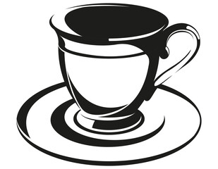 Cup of tea on saucer. Decor object in monochrome style.