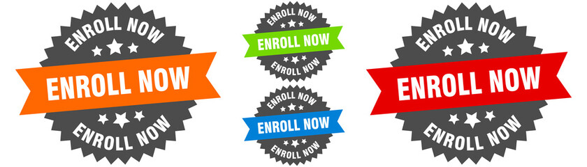 enroll now sign. round ribbon label set. Seal