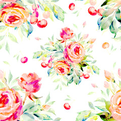 Seamless pattern of bright bouquets of roses with berries