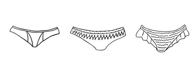 Set of female panties. Doodle illustration. Vector outlines elements for design.