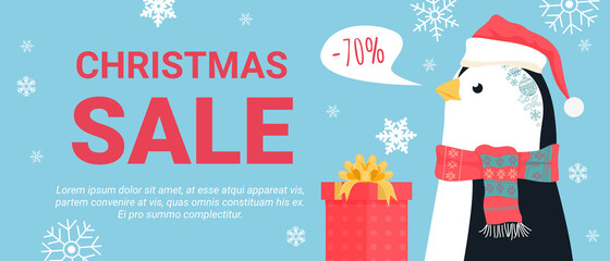 Christmas sale special offer promo vector illustration. Cartoon penguin in Xmas red hat promotes big discount in retail store for buying gifts for Merry Christmas and winter holiday season background