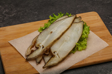 Delicous smoked halibut slices snack