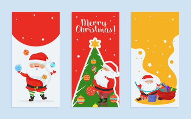Merry Christmas greeting card vector illustration set. Cartoon cute Santa Claus character decorating Christmas tree, sitting with bag of gifts boxes and Xmas decorations, winter holidays collection