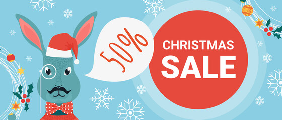 Christmas sale vector illustration. Cartoon bunny rabbit wearing red Santa hat, celebrating Christmas, winter holidays season with discount offer in shop, coupon promotion template seasonal background