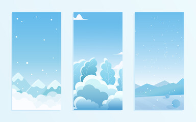Christmas nature winter landscape under snow vector illustration set. Cartoon flat simple frost ice lands with snowy hills and mountains, blue icy forest, snowfall in Christmas holidays collection
