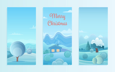 Christmas nature landscape vector illustration set. Cartoon flat frost scenery for winter season, Christmas and new year holidays with village houses under snow on snowy hills, snowballs background