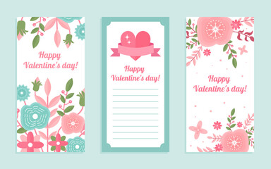 Happy Valentine day vector illustration set. Cartoon cute creative love and romance greeting card collection with loving hearts, floral ornament of pink and blue romantic flowers background collection