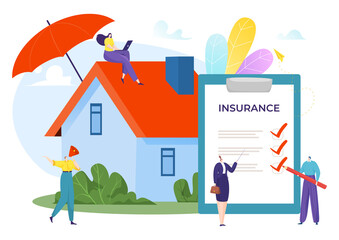 People house protection, contract for home real estate insurance safe vector illustration. Business service for family estate and property banner. Man character care about flat policy agreement.