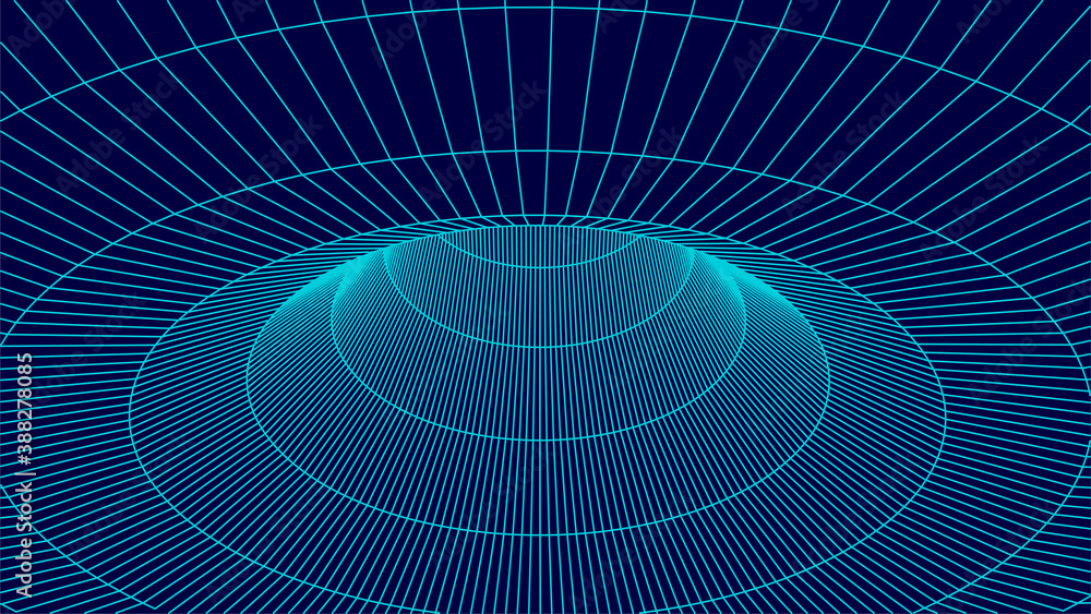 Poster technology wireframe tunnel on blue background. futuristic 3d vector grid.