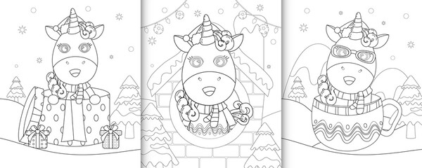Naklejka premium coloring book with cute unicorn christmas characters
