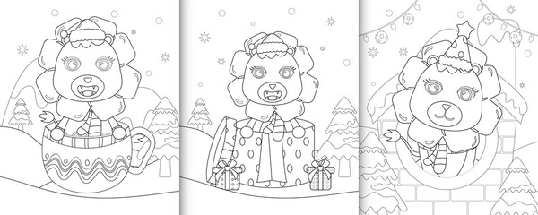 Fototapeta na wymiar coloring book with cute lion christmas characters