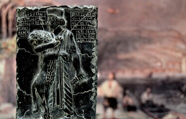 The relief carvings of Persepolis. Carving of life of ancient Persian in trinket and ancient life blurred background.