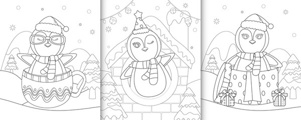 coloring book with cute penguin christmas characters