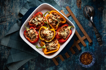 Top down view of stuffed peppers fresh out of the oven, ready for eating.