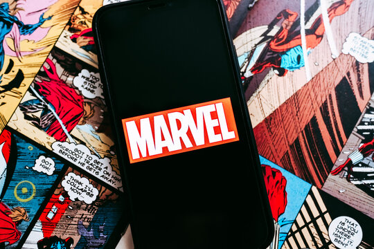 Marvel logo on the comic book page background. Rostov-on-Don, Russia. 12 October 2019 Rostov-on-Don, Russia. 18 January 2020