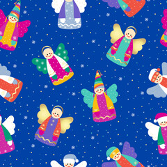 Cute cartoon Christmas angels. Vector seamless colored hand drawing on dark night background with snowflakes and dots.