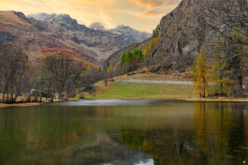 Autumn in the Alps, Italy. The Loz lake (pron. Ló). A small alpine lake located near Valtournenche (Aosta Valley), Italy.