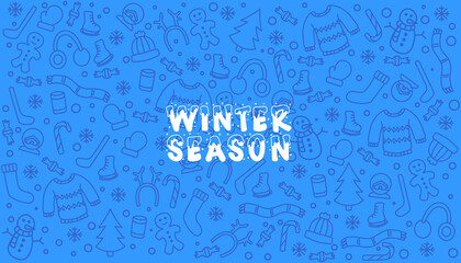 Winter season text on doodle element winter pattern vector seamless background.